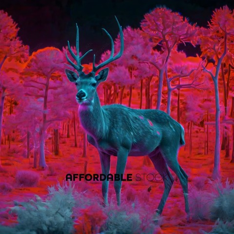 A deer in a pink and red forest