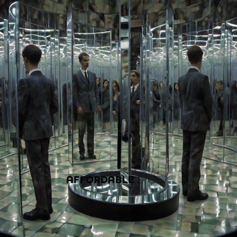 A group of people in suits are standing in a room with mirrors