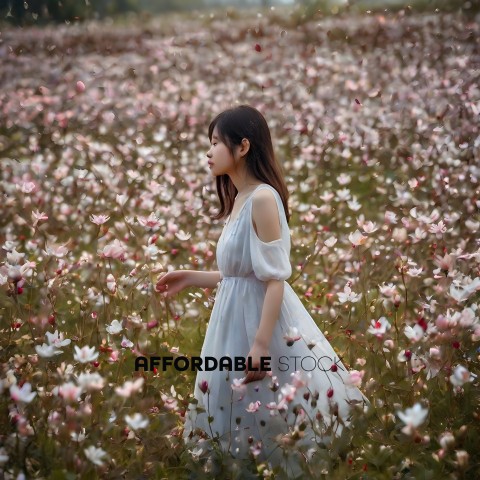 A young woman in a white dress walks through a field of flowers