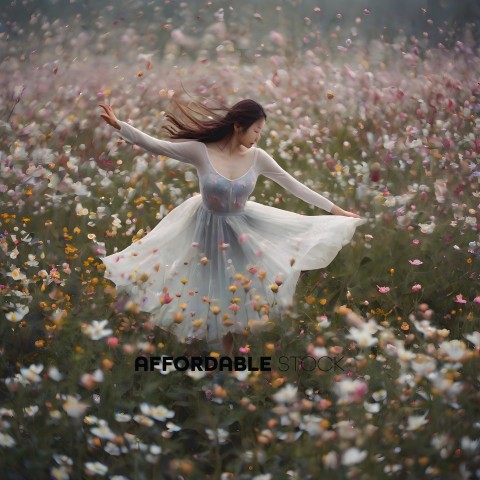 A woman in a white dress dancing in a field of flowers