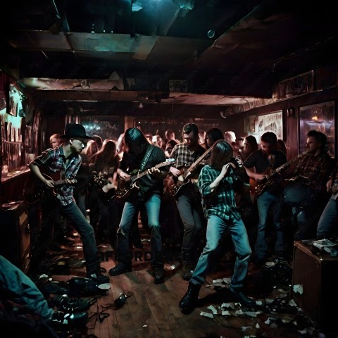 A band playing a song in a crowded room
