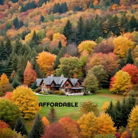 A beautiful autumn scene of a house in the woods