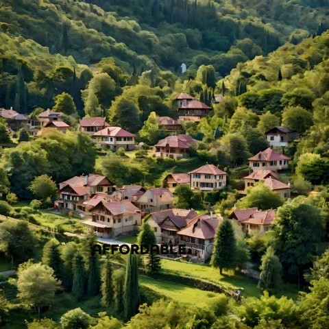 A picturesque village with a mix of houses and trees