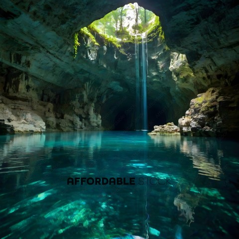 A waterfall in a cave with a blue pool