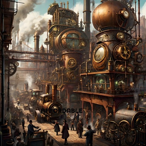 People walking in front of a factory with steam engines