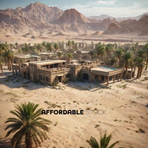 An aerial view of a desert village with palm trees