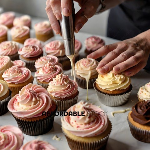 A person is frosting cupcakes with pink and white frosting