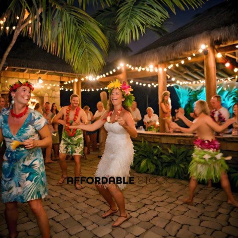 A group of people dancing in a tropical setting