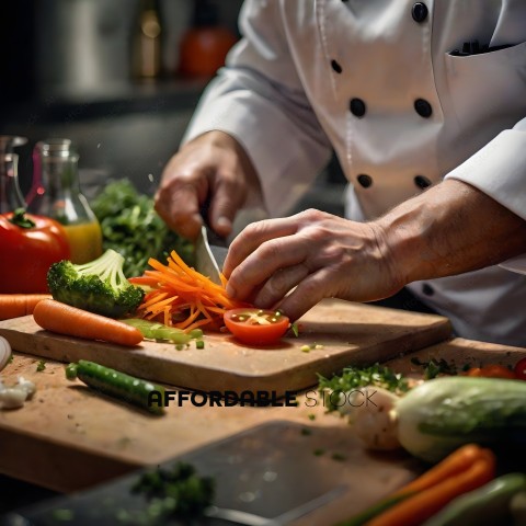 A chef preparing a salad with carrots, broccoli, and tomatoes
