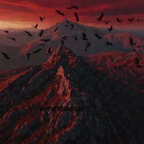 A flock of birds flying over a mountain