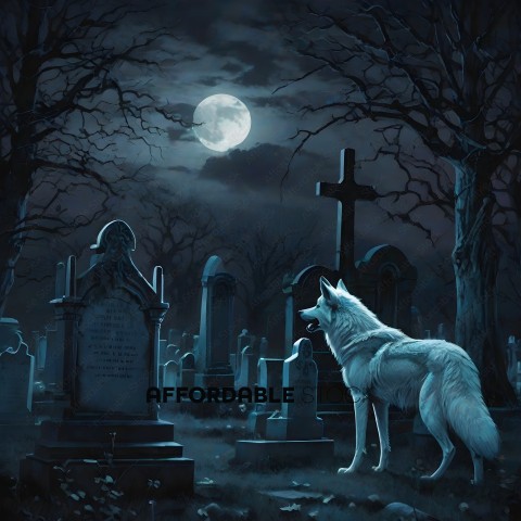 A Wolf Stands in a Graveyard at Night