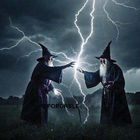 Two wizards cast a spell with lightning in the background