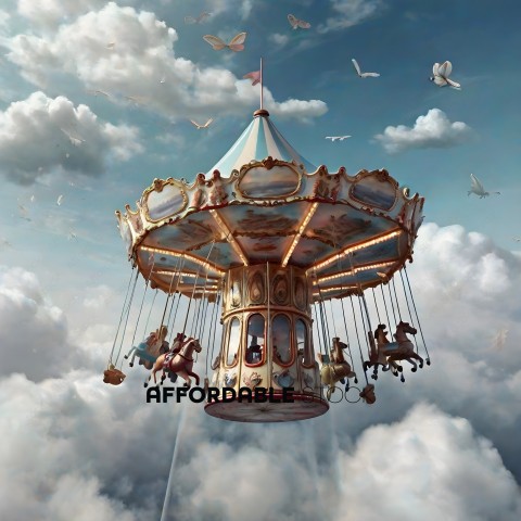 A whimsical carousel ride with a cloudy sky and birds