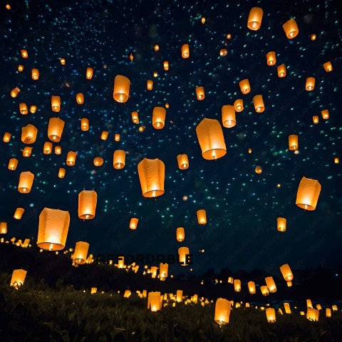 A field of lit lanterns in the sky