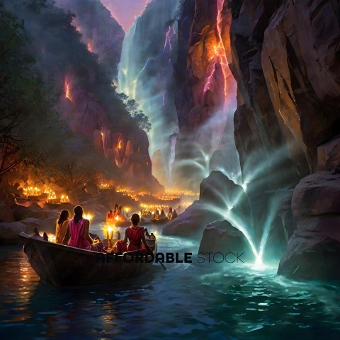 A group of people in a boat on a river with a waterfall in the background
