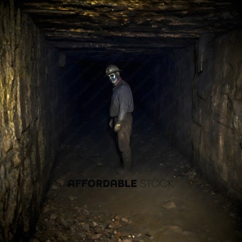 A man in a hard hat is walking through a dark tunnel