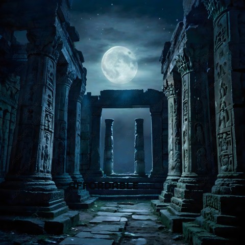Ancient ruins at night with a full moon
