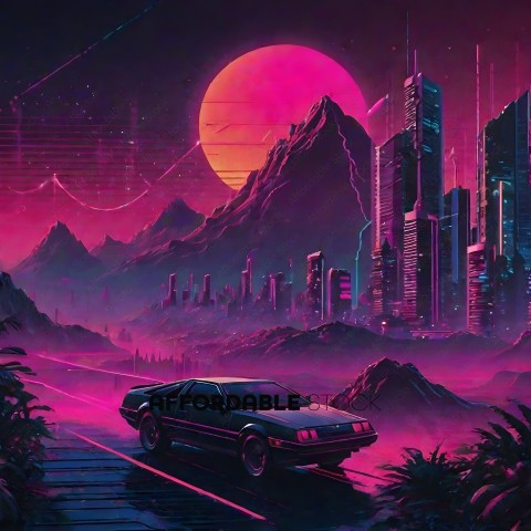 A futuristic cityscape with a car driving on a road