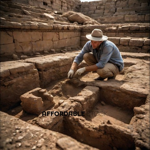 Man in khaki pants and hat squatting in front of ancient ruins