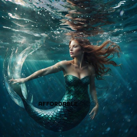 A mermaid swims underwater