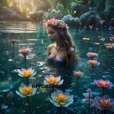 A mermaid in a pond surrounded by flowers