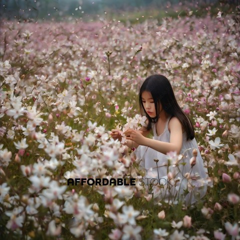 A young girl in a white dress picks flowers in a field
