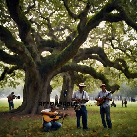 Three men playing instruments under a large tree