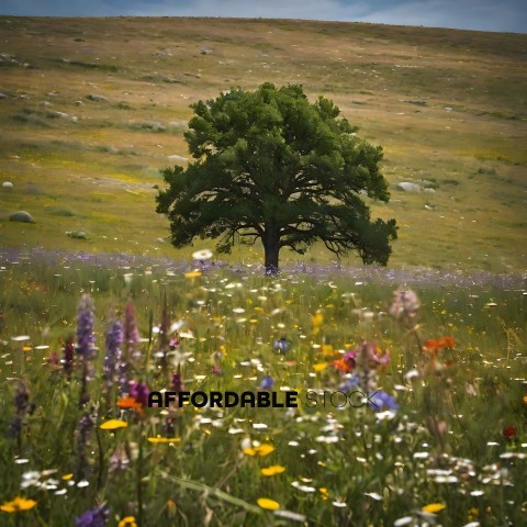 A tree in a field of flowers