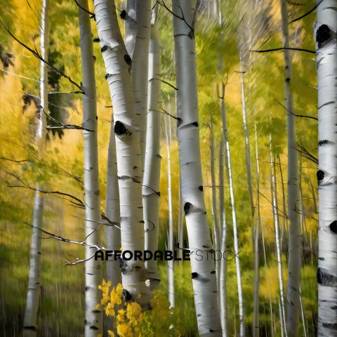 A forest of birch trees with yellow leaves