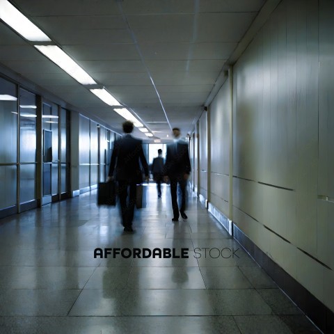 Three men in suits walking down a hallway