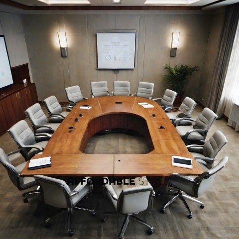 A conference room with a large wooden table and chairs