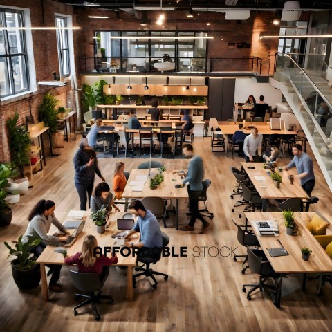 People working in a large open office space