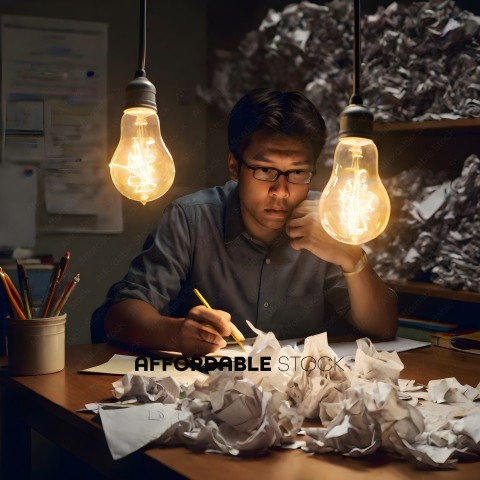 A man with glasses is writing on a piece of paper with two light bulbs behind him