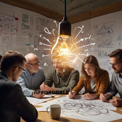 A group of people brainstorming with a light bulb in the middle of them