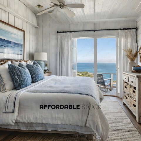 A beautifully decorated bedroom with a large bed and a view of the ocean