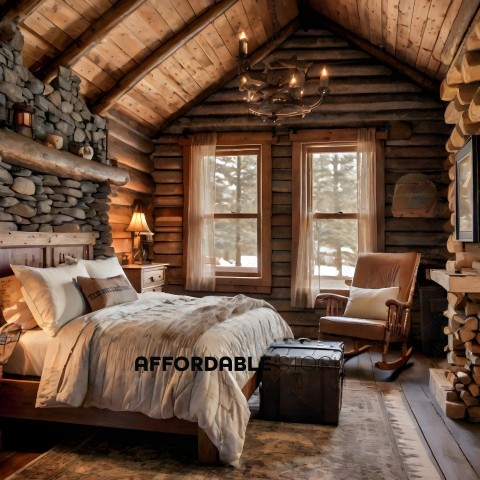 A cozy log cabin bedroom with a rustic feel