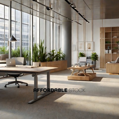 A modern office space with a large window and plants
