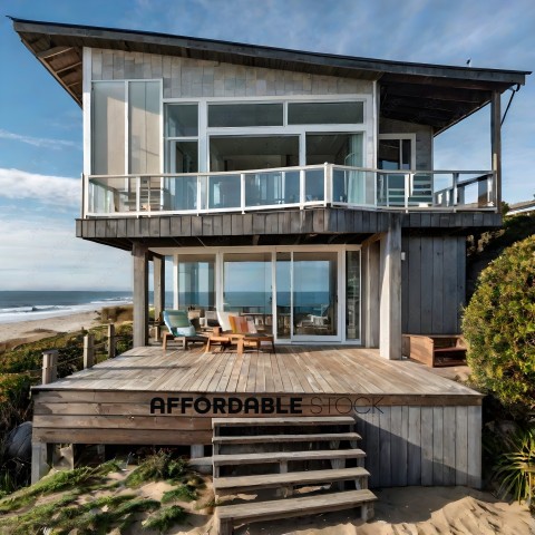 A large wooden house with a deck overlooking the ocean