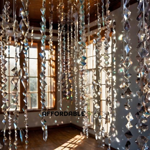 A room with many hanging crystal chandeliers