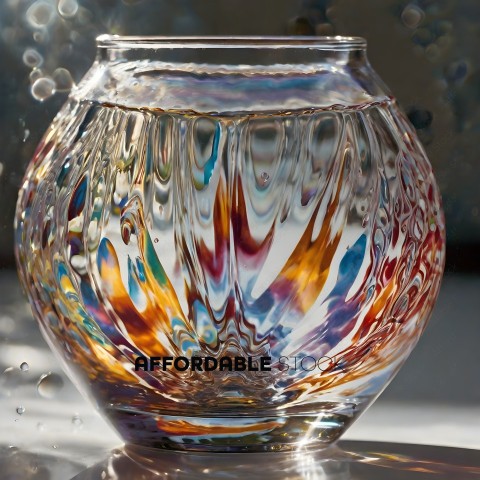 A glass vase with a colorful pattern