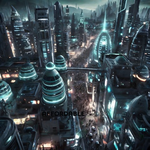 A futuristic city with a large crowd of people