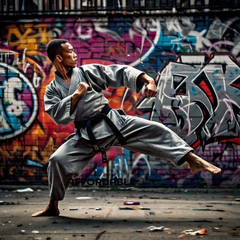 Man in Karate Gi Pose in Front of Graffiti Wall
