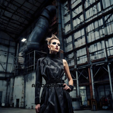 A woman in a black dress stands in a factory