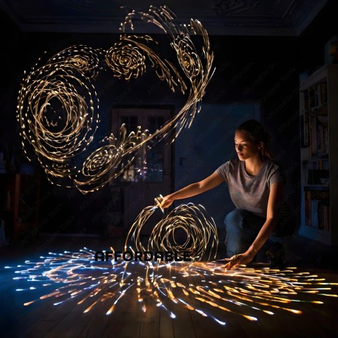 A woman is playing with a lighted ball of yarn