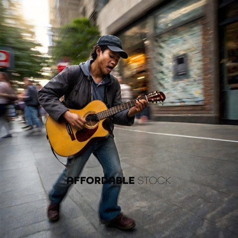 A man playing guitar on a busy street