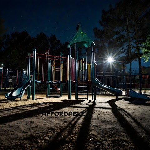 A playground at night with a green roof