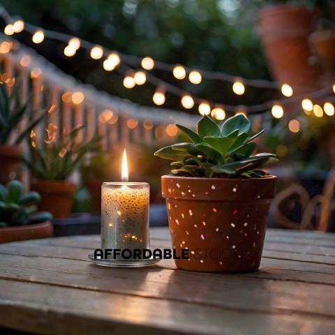 A candle in a brown pot with a plant