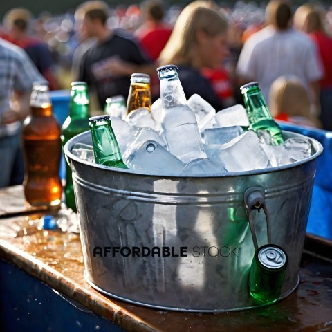 A bucket of ice and beer bottles