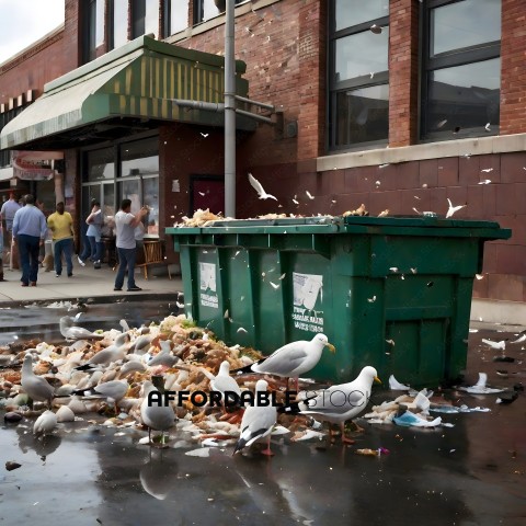 A group of seagulls are eating food from a trash can