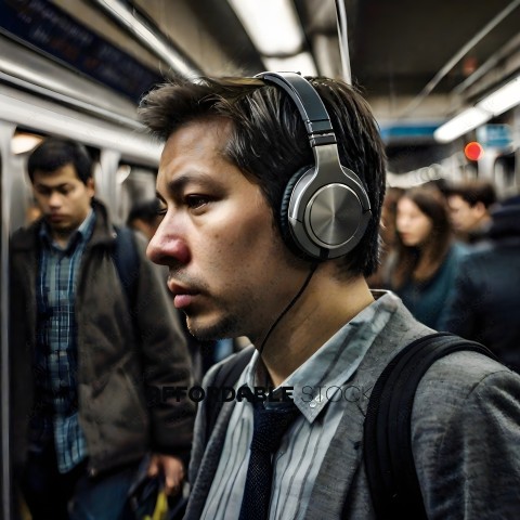 Man with headphones on in a crowded subway station